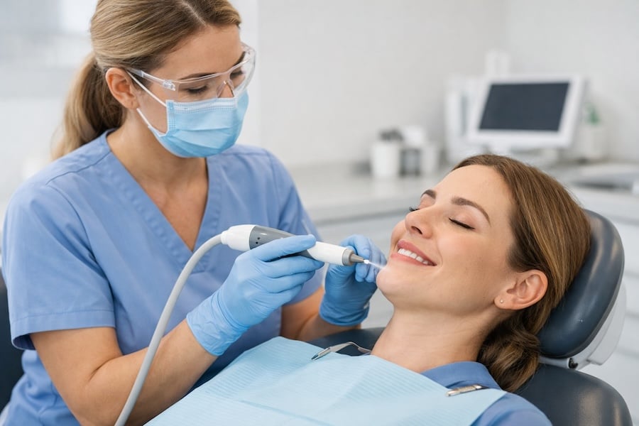 Dentist doing guided biofilm therapy to clean teeth