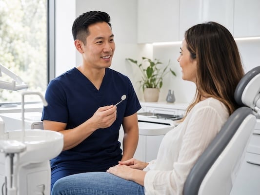 Dentist explaining common dental problems to a patient in a modern dental clinic