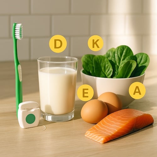 tooth brush, milk, kale, eggs and salmon.